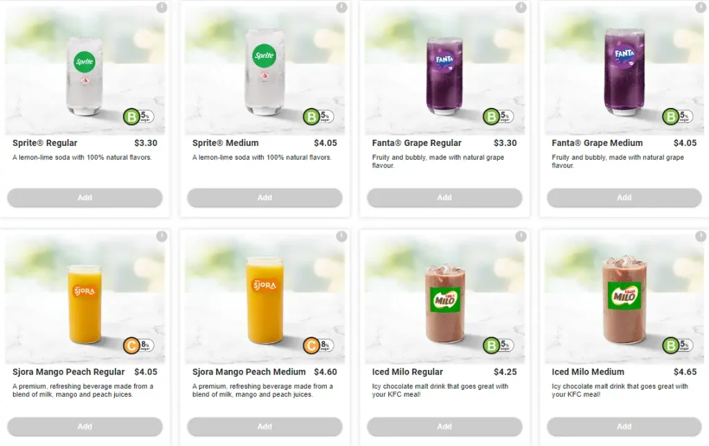 KFC Beverages Prices